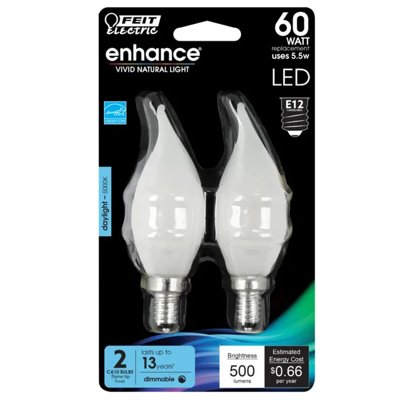 Enhance Ca10 (flame Tip) E12 (candelabra) Filament Led Bulb Daylight 60 Watt Equivalence 2 Pk