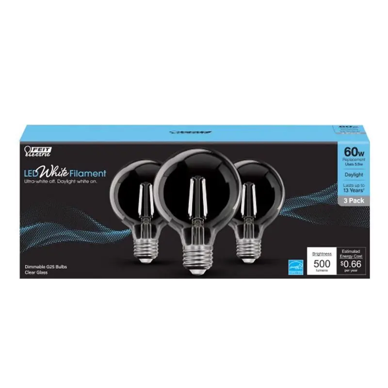 White G25 E26 (medium) Filament Led Bulb Daylight 60 Watt Equivalence 3 Pk