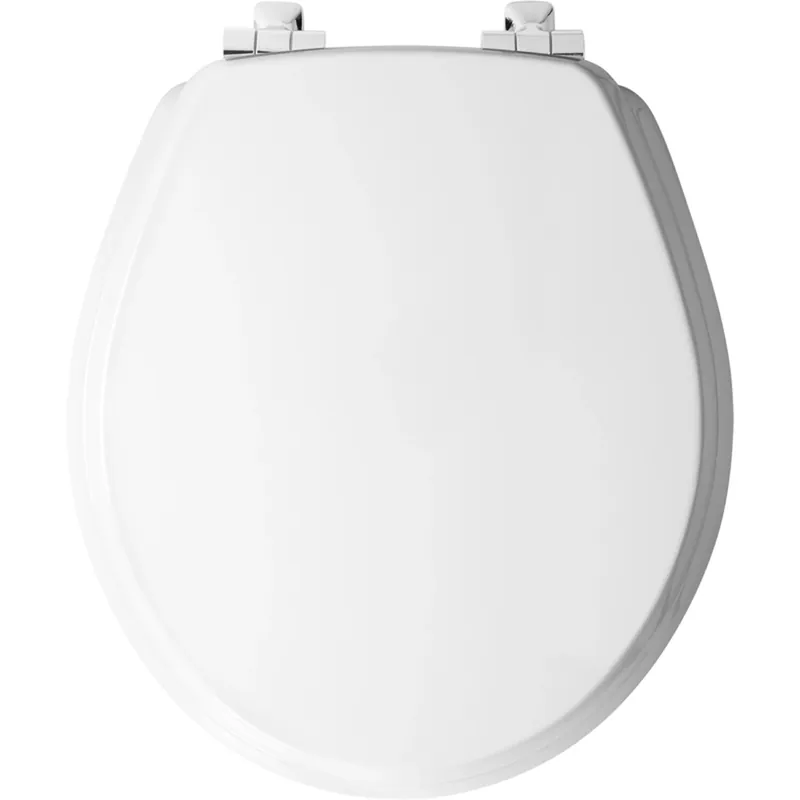 Benton Round Wood Toilet Seat, White Enamel, Never Loosens, Slow-close Chrome Hinge