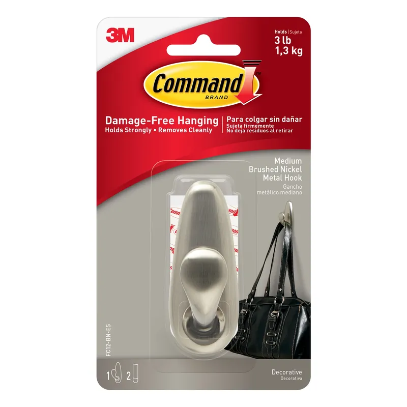 Command 3-1/4 In. L Brushed Nickel Metal Medium Hook 3 Lb. Cap. 1 Pk