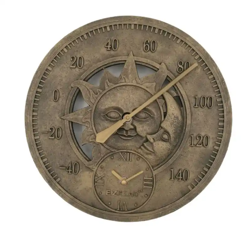 Ez Read 12 In. Sun/moon Clock And Thermometer - Metal Brown
