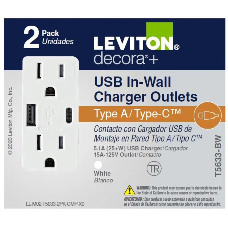 Decora 15 Amps Type A/c Duplex White Outlet And Usb Charger 5-15r 2 Pk