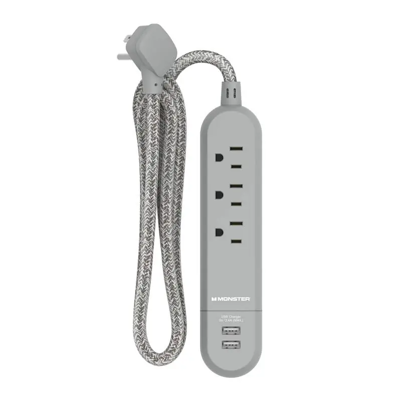4 Ft Power Strip With 3 Outlets And Usb Ports, Gray