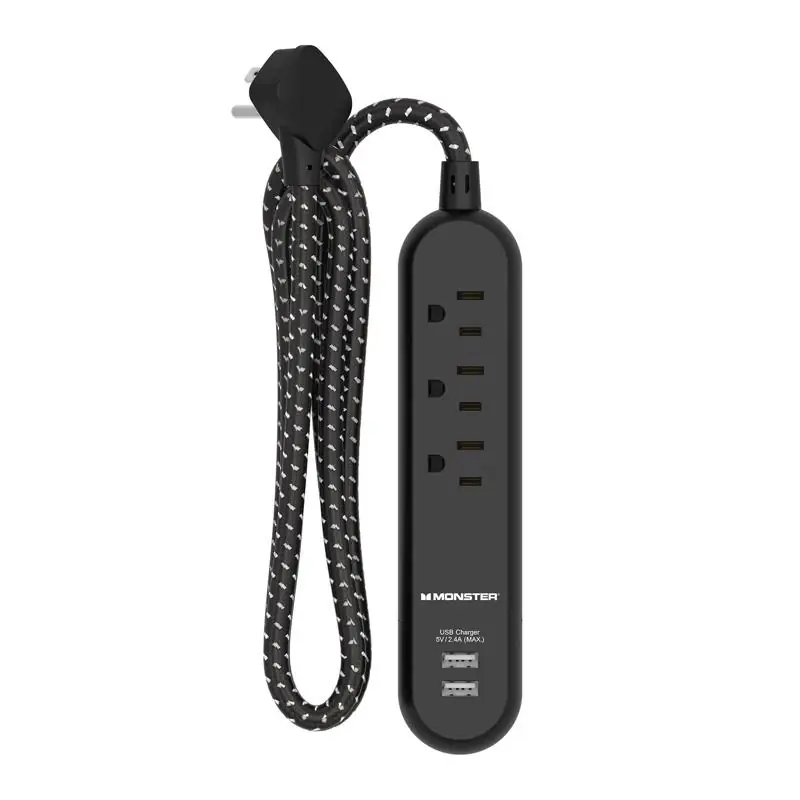 4 Ft Power Strip With 3 Outlets And Usb Ports Black