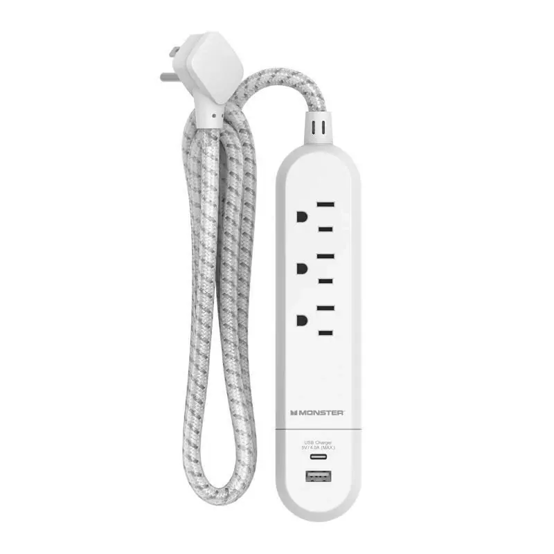 4 Ft Power Strip With 3 Outlets And Usb Ports White