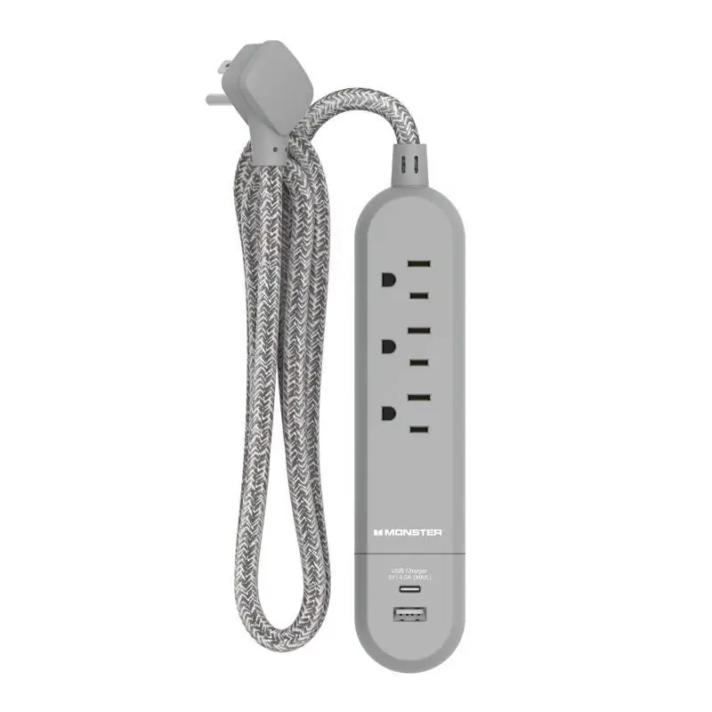 4 Ft Power Strip With 3 Outlets And Usb Ports Gray