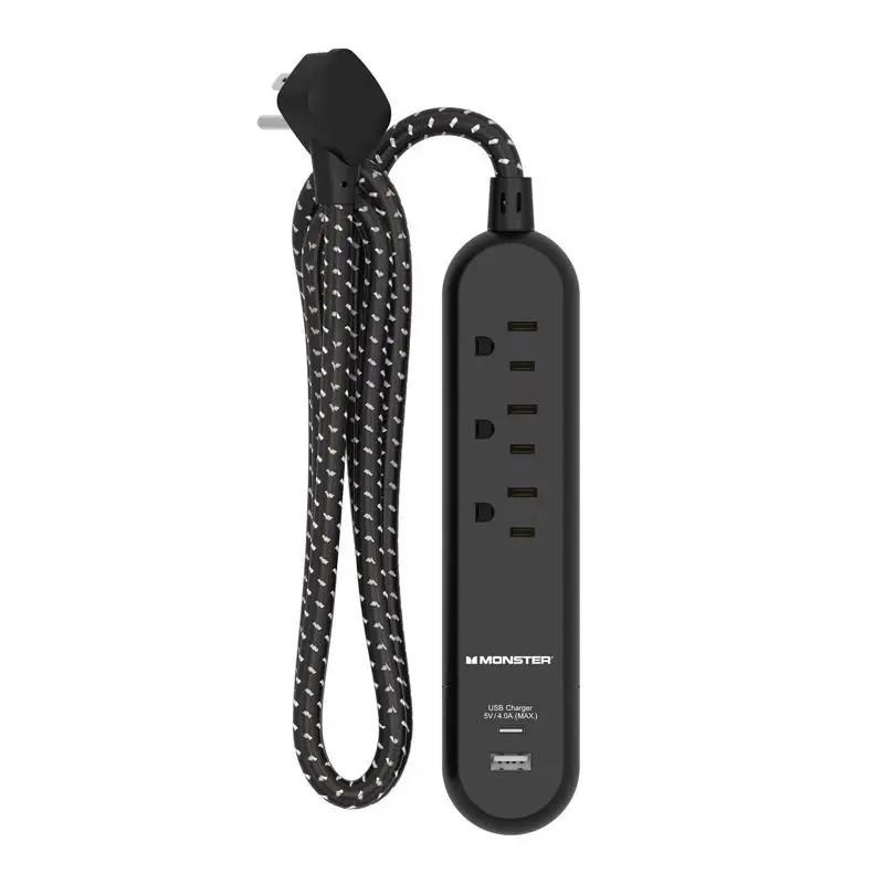 4 Ft Power Strip With 3 Outlets And Usb Ports Black