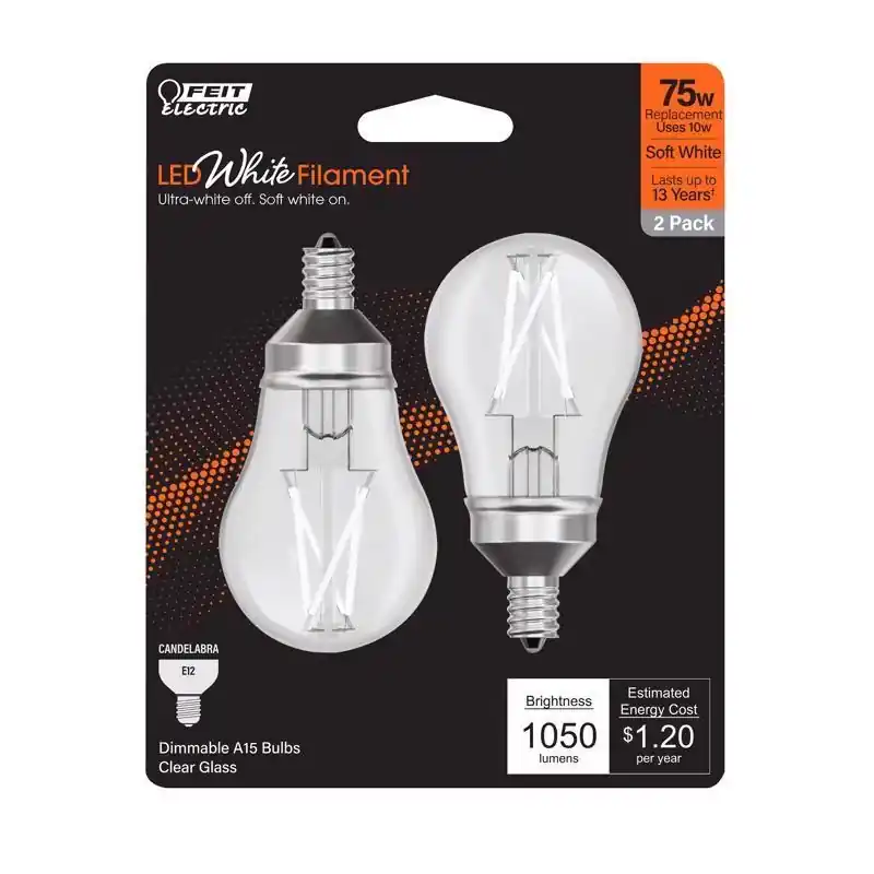 White A15 E12 (candelabra) Filament Led Bulb Soft White 75 Watt Equivalence 2 Pk