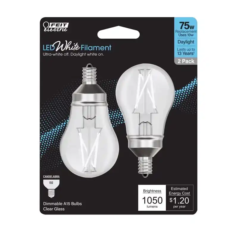 White A15 E12 (candelabra) Filament Led Bulb Daylight 75 Watt Equivalence 2 Pk