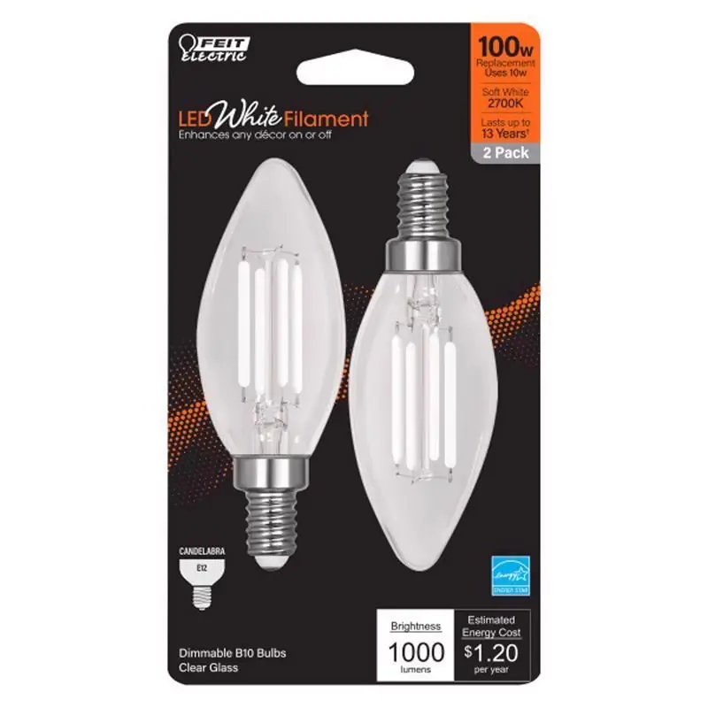 White B10 E12 (candelabra) Filament Led Bulb Soft White 100 Watt Equivalence 2 Pk