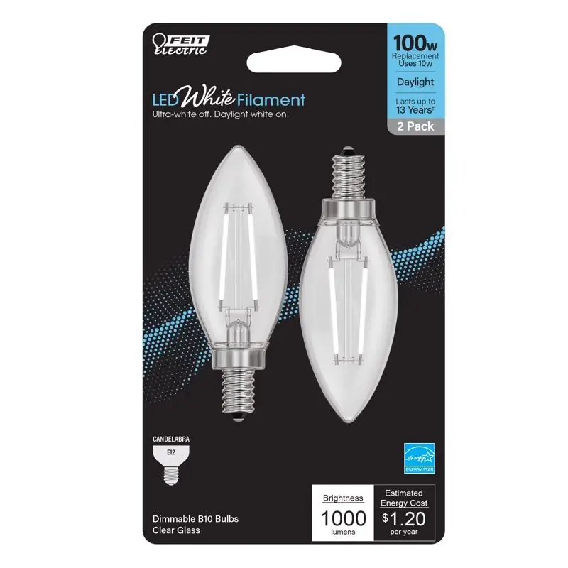 White B10 E12 (candelabra) Filament Led Bulb Daylight 100 Watt Equivalence 2 Pk
