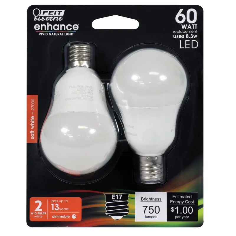 Enhance A15 E17 (intermediate) Led Bulb Soft White 60 Watt Equivalence 2 Pk