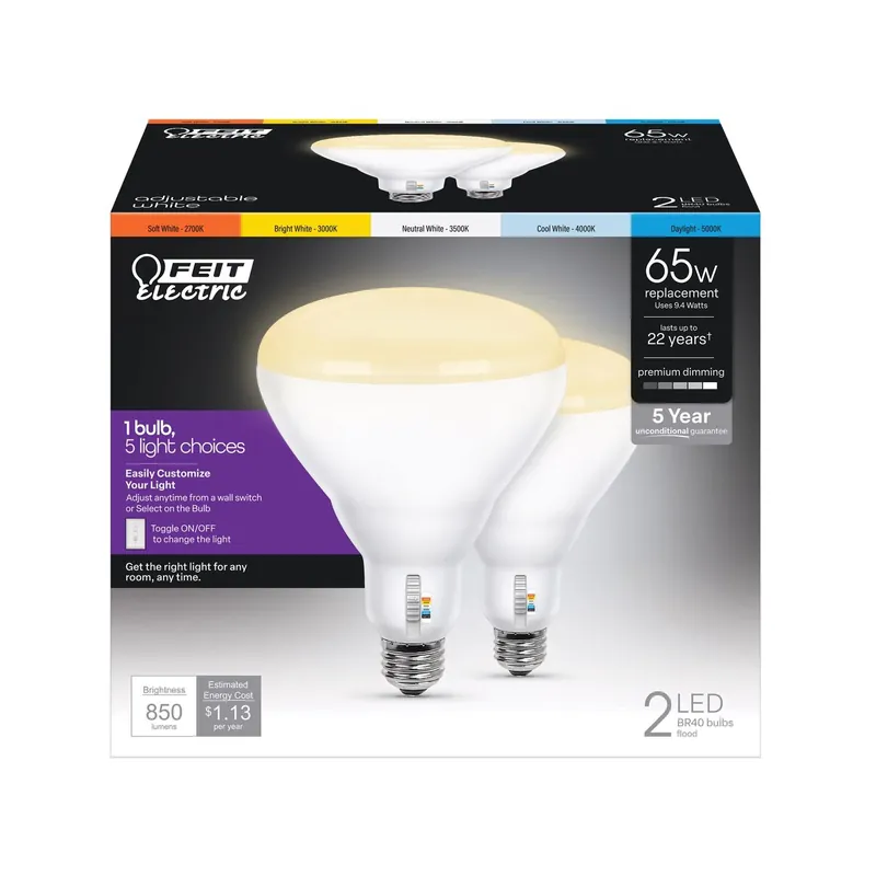Br40 E26 (medium) Led Floodlight Bulb Adjustable White 65 Watt Equivalence 2 Pk