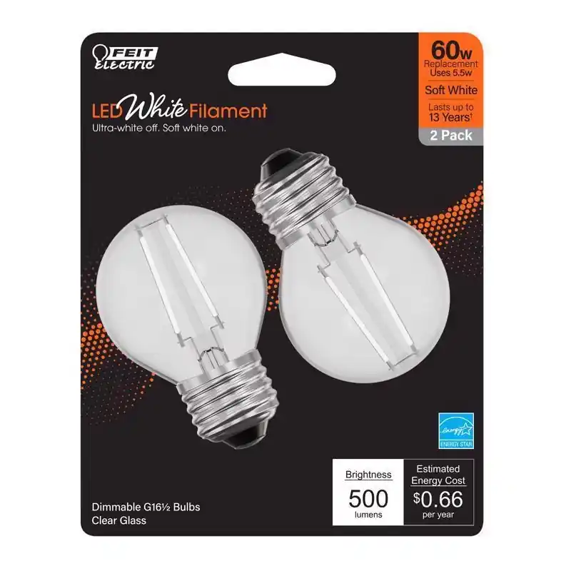 White G16.5 E26 (medium) Filament Led Bulb Soft White 60 Watt Equivalence 2 Pk