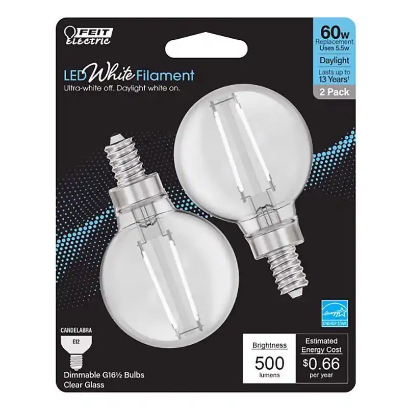 White G16.5 E12 (candelabra) Filament Led Bulb Daylight 60 Watt Equivalence 2 Pk