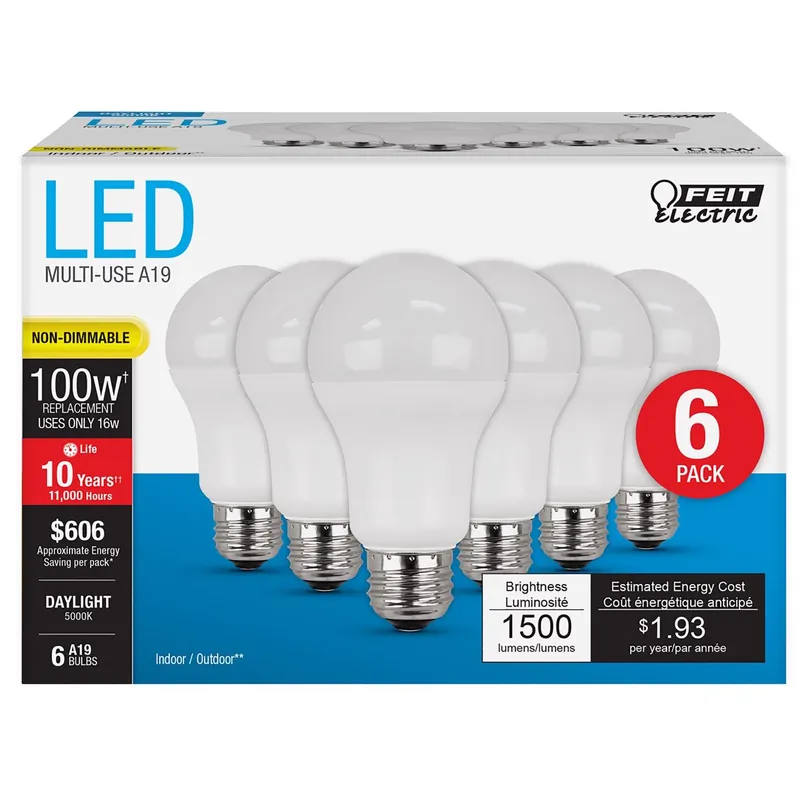 A19 E26 (medium) Led Bulb Daylight 100 Watt Equivalence 6 Pk