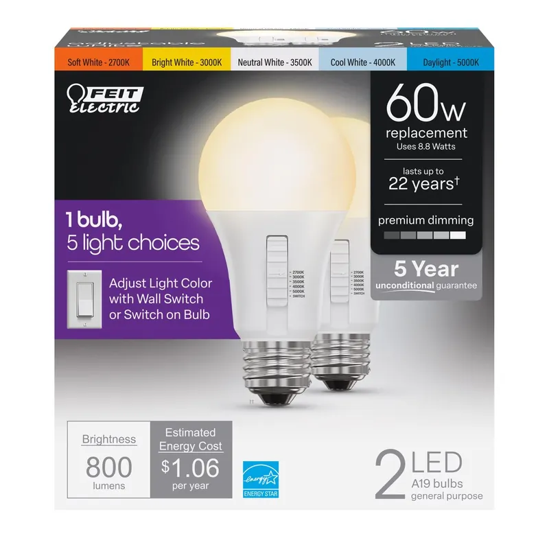 A19 E26 (medium) Led Bulb Adjustable White 60 Watt Equivalence 2 Pk