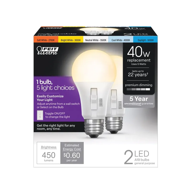 A19 E26 (medium) Led Bulb Adjustable White 40 Watt Equivalence 2 Pk