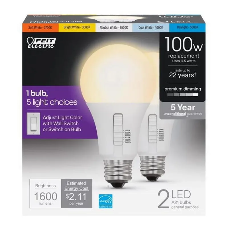 A21 E26 (medium) Led Bulb Adjustable White 100 Watt Equivalence 2 Pk