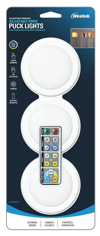 White Battery Powered Led Puck Light 3 Pk