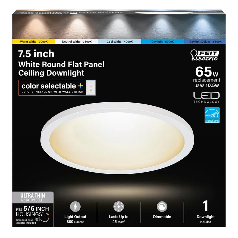 Led Flat Panel Ceiling Downlight, Selectable Color Temperature, White, 10.5 Watts, 7.5 In. Round