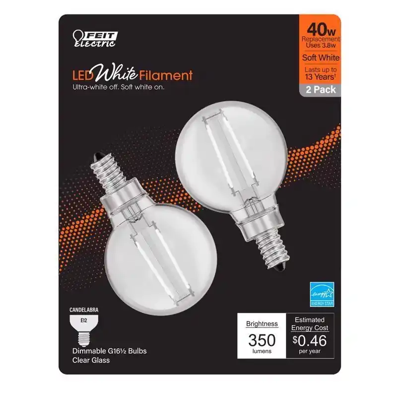 White G16.5 E12 (candelabra) Filament Led Bulb Soft White 40 Watt Equivalence 2 Pk