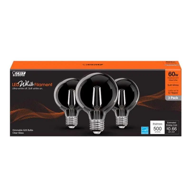 White G25 E26 (medium) Filament Led Bulb Soft White 60 Watt Equivalence 3 Pk