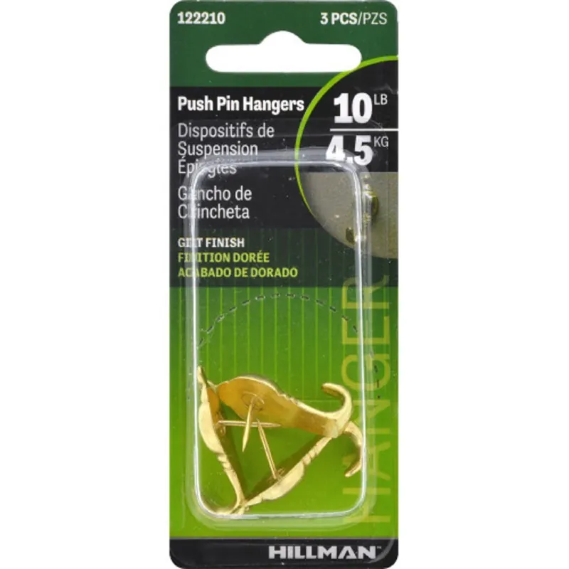 Gilt Gold Push Pin Picture Hook 10 Lb 3 Pc