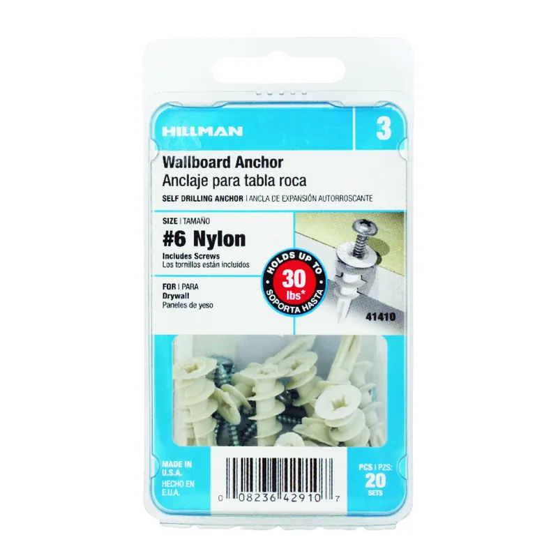 .138 In. D X 1.3 In. L Nylon Pan Head Drywall Anchor 20 Pc