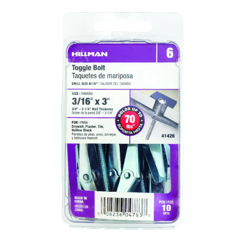 3/16 In. D X 3 In. L Round Zinc-plated Steel Toggle Bolt 10 Pk