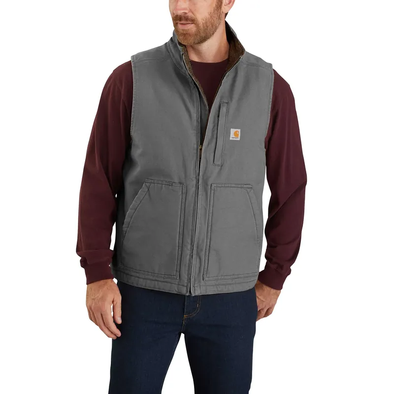 Men‘s Loose Fit Washed Duck Sherpa-lined Mock-neck Vest - 2xl Tall - Gravel