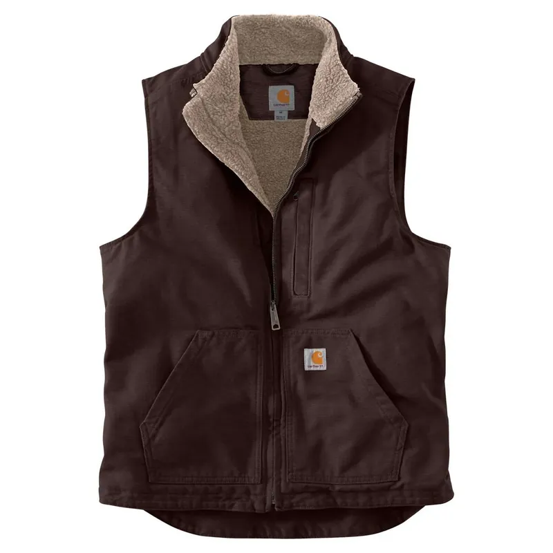 Loose Fit Washed Duck Sherpa-lined Mock-neck Vest, Dark Brown, Small