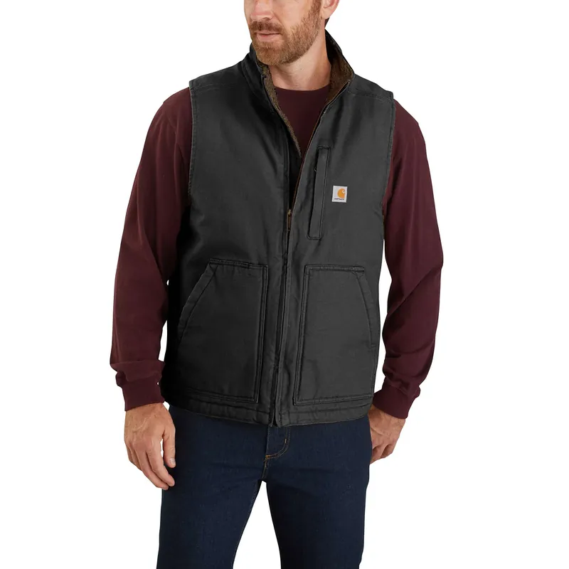 Loose Fit Washed Duck Sherpa-lined Mock-neck Vest For Men - Xl Black