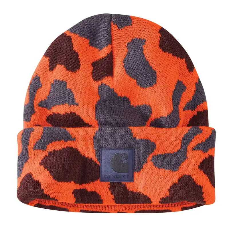 Men‘s Bright Orange Duck Camo Knit Beanie - Stretchable Rib-knit Fabric, Model Ah5968-m