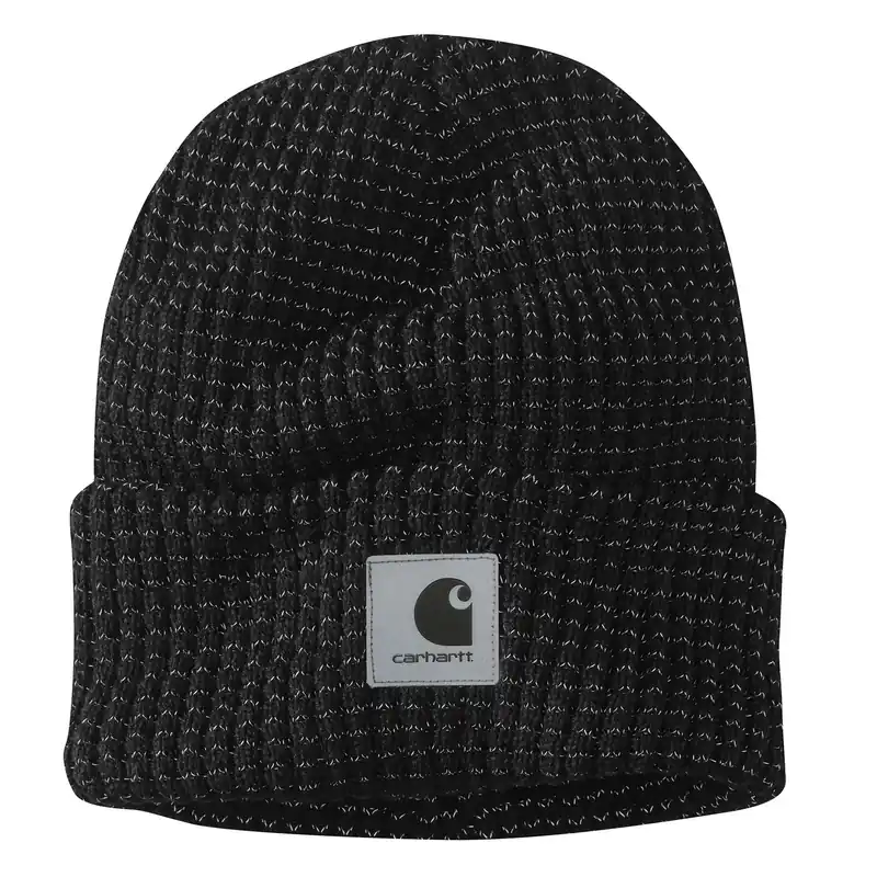 Men‘s Knit Beanie With Reflective Patch, Black, One Size