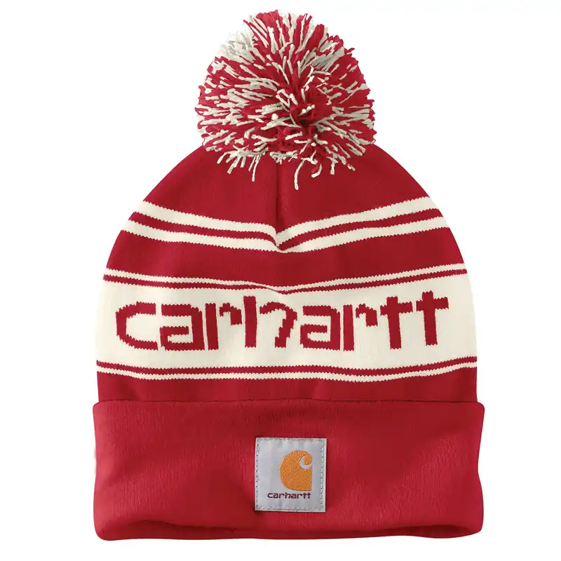 Men‘s Knit Pom-pom Cuffed Logo Beanie, Red/winter White Marl, One Size