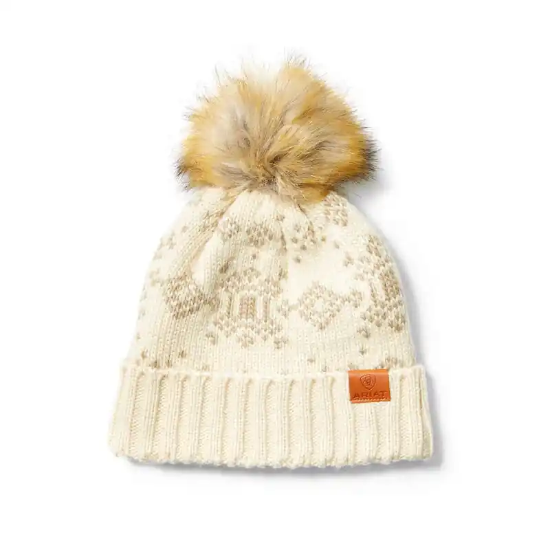 Unisex Patrona Beanie In Natural/burlap Color With Faux Fur Pom Pom