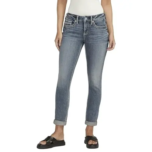 Women‘s Girlfriend Mid Rise Slim Leg Jeans, Medium Wash, Size 12 X 29