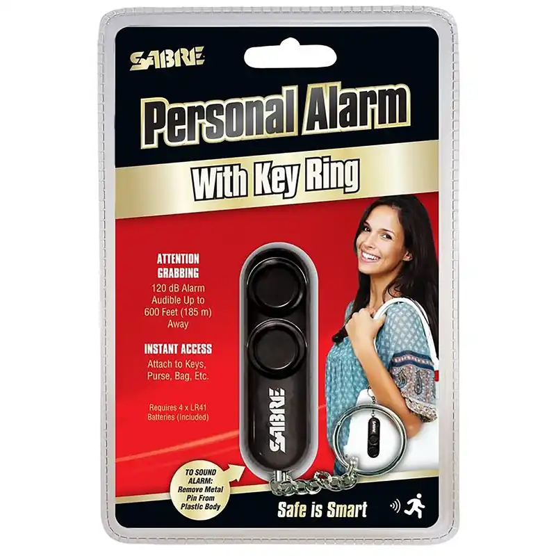 Black Plastic Personal Security Alarm With Key Ring And 120 Decibel Siren