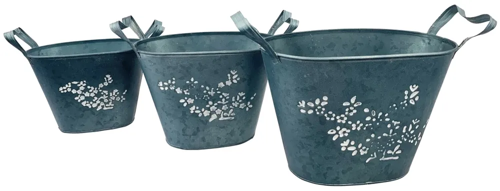 Set Of 3 Blue And White Flower Planters - Galvanized Steel Design