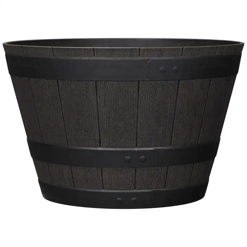 L&g 12 In. H X 19 In. W Polyresin Whiskey Barrel Planter Brown