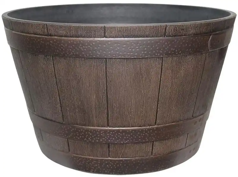 Southern Patio Whiskey Barrel Resin Planter – Kentucky Walnut Finish, 9‑in Height, 15‑in Width