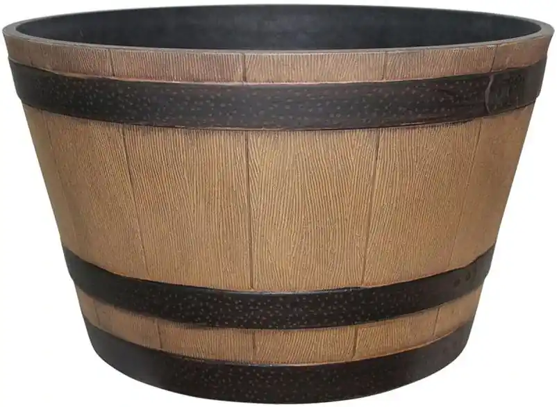 Southern Patio Whiskey Barrel Round Planter – 15.4" Natural Oak Resin