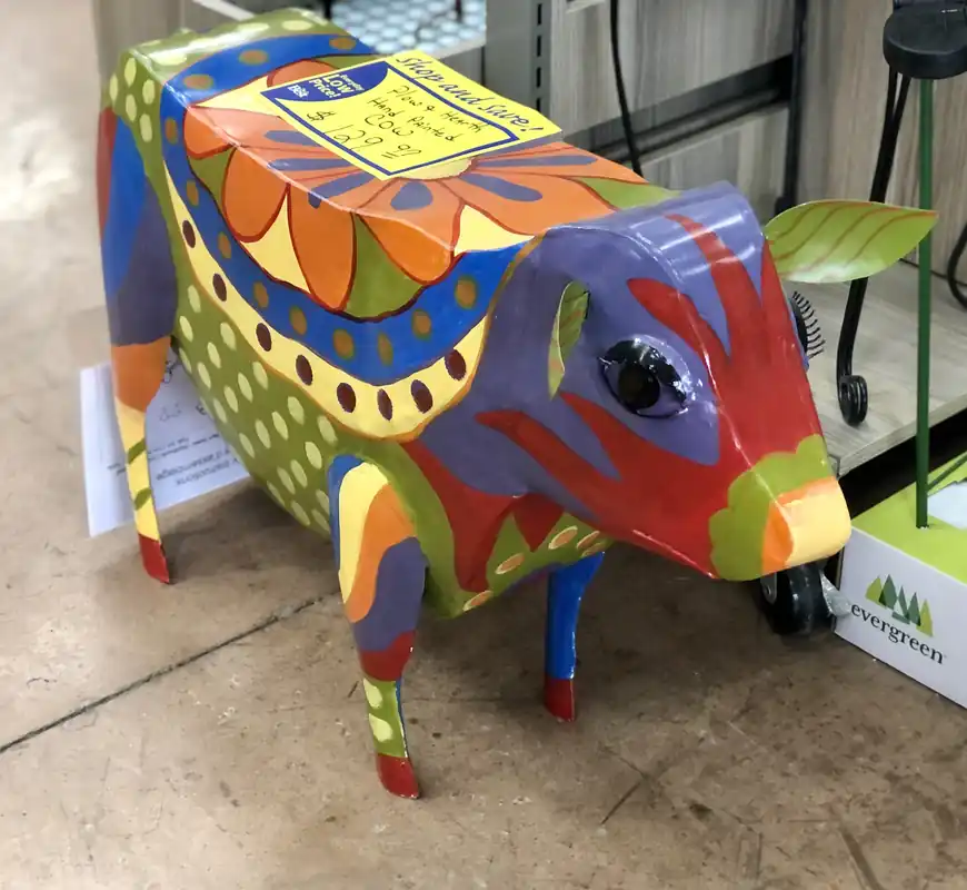 Handmade Colorful Painted Folk Art Cow Metal Side Table - Unique Home Decor