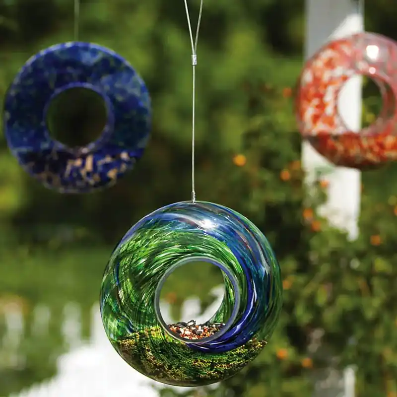 Swirl Glass Circle Hanging Bird Feeders - Set Of 3 Assorted Colors, 9x3.5x9 Inches