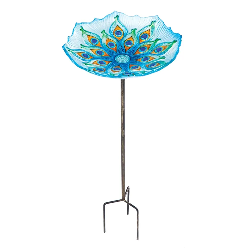Peacock Glass Bird Bath With Metal Stake - Colorful Garden Decor