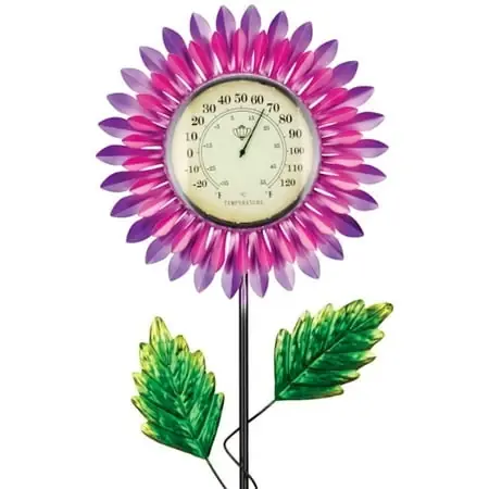 12711 Pink Daisy Solar Thermometer Garden Stake Ornament