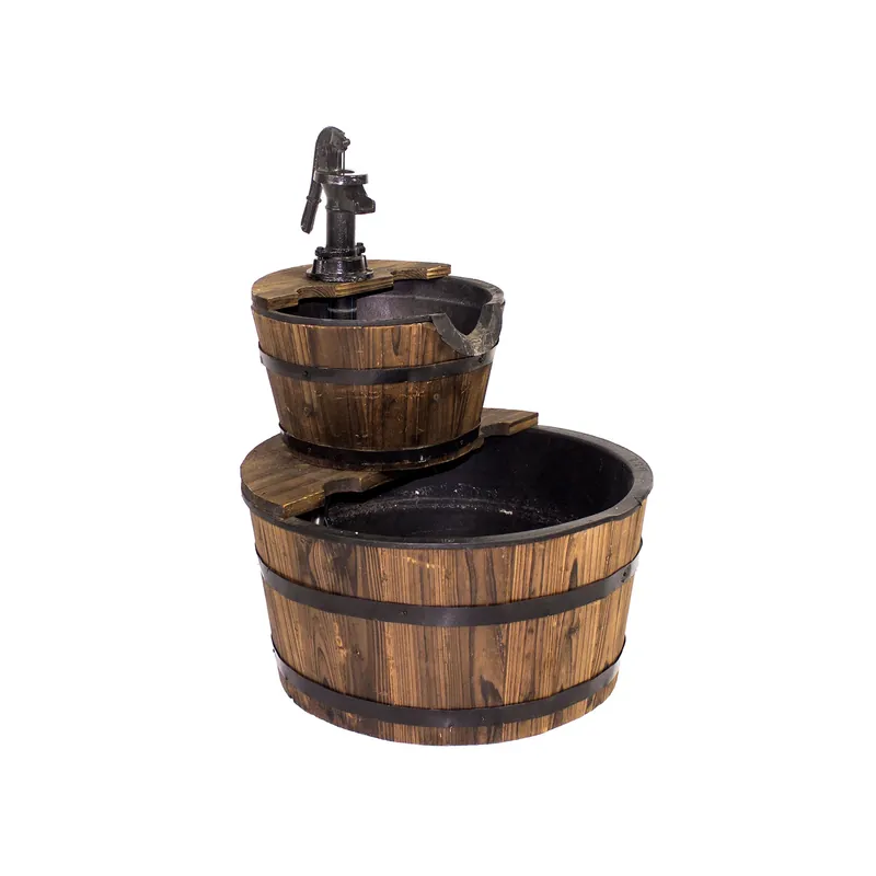 23 Inch Two-tier Wooden Barrel Water Fountain - Brown - Backyard Expressions