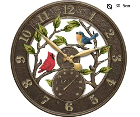12 Inch Clock And Thermometer With Bird Design