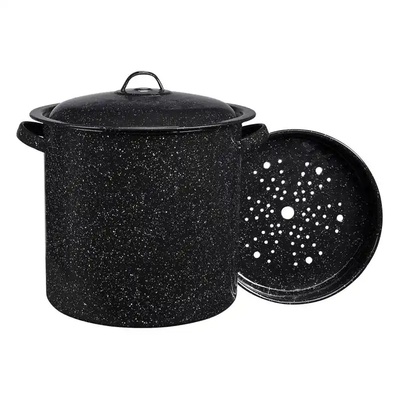 34 Quart Black Porcelain Enamel Steamer Pot With Heat Resistant Handles